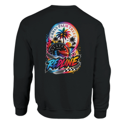 Black Redline sweatshirt back featuring colorful graphic of tachometer, palm trees, sunset, and checkered flag racing art.