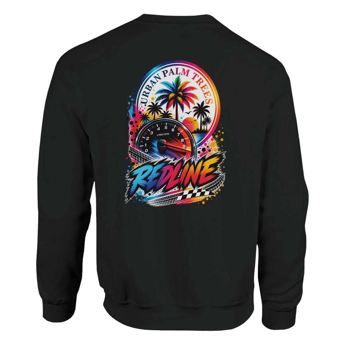 Black Redline sweatshirt back featuring colorful graphic of tachometer, palm trees, sunset, and checkered flag racing art.