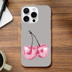 Pink glitterball cherry design on a tough grey iPhone case for models 13 through 16.