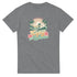 Gray heather women's tee with retro surf graphic, sunset, palm trees, hibiscus flowers and Enjoy The Waves text.