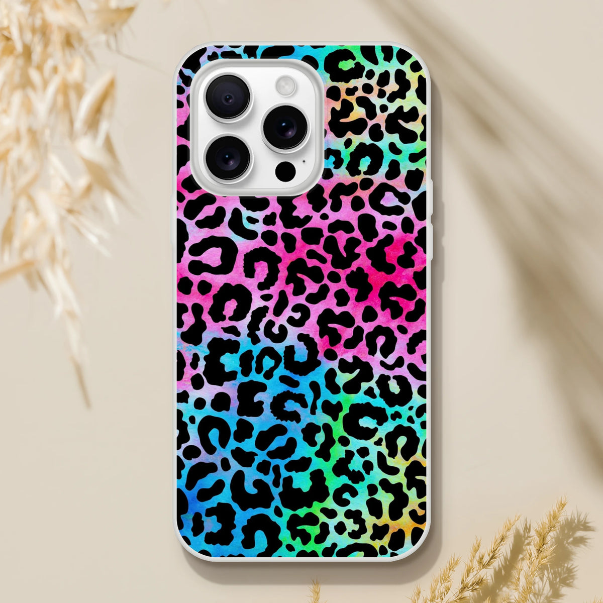 Rainbow leopard print iPhone case for iPhone 13-16 with a slim matte finish.
