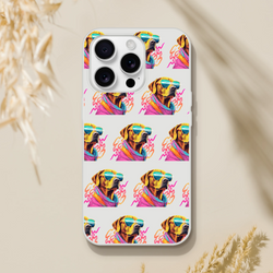Clear slim iPhone case featuring a repeating neon dog in sunglasses and scarf.