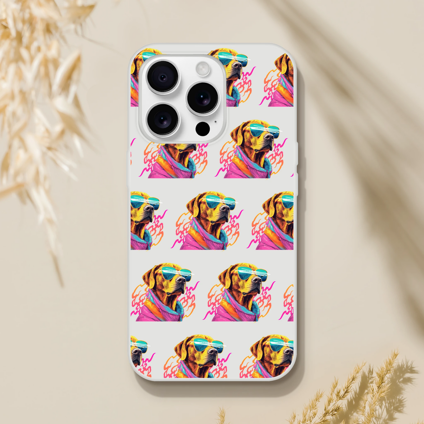 Clear slim iPhone case featuring a repeating neon dog in sunglasses and scarf.