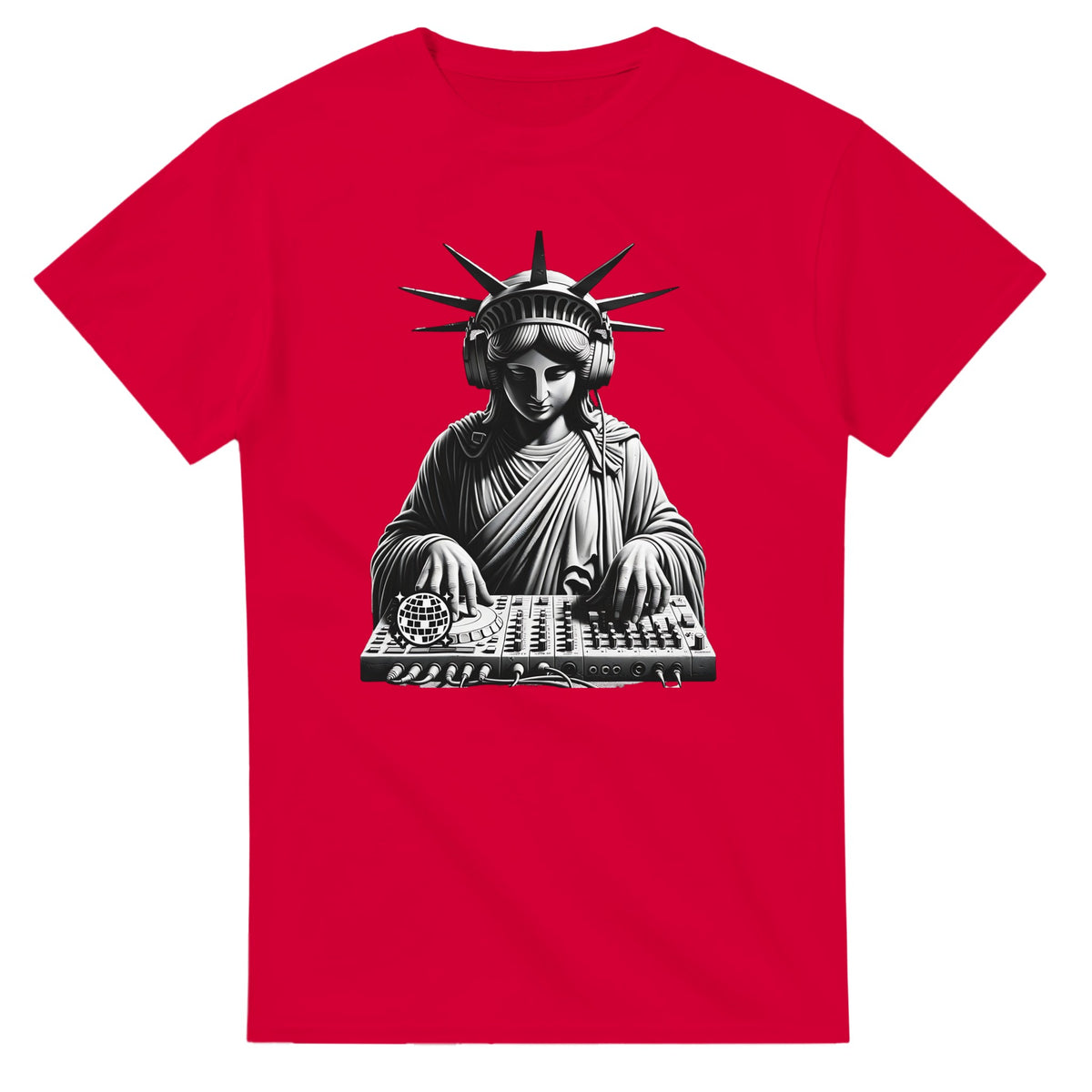 Statue of Liberty DJ graphic T-shirt on red soft cotton, Liberty spinning on turntables in black-and-white.