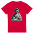 Statue of Liberty DJ graphic T-shirt on red soft cotton, Liberty spinning on turntables in black-and-white.