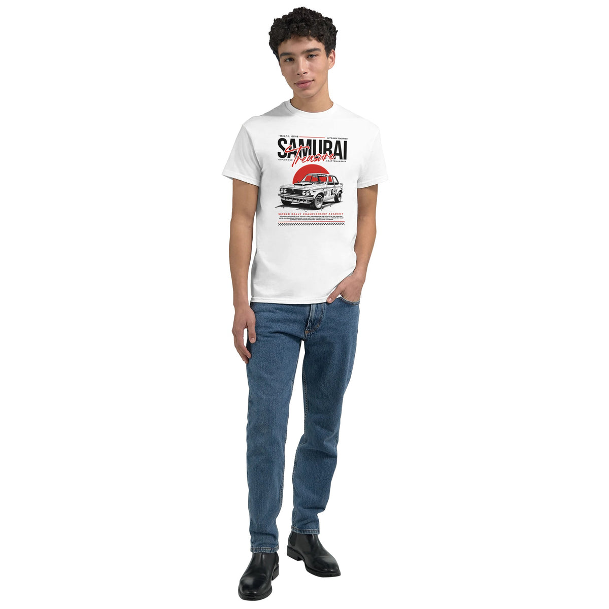 Male model in white soft cotton-blend short-sleeve crew-neck Japanese JDM graphic T-shirt, car print, blue jeans.