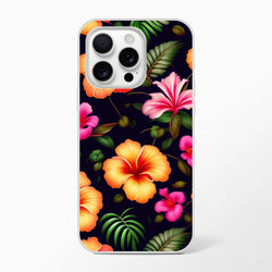 Tropical hibiscus botanical iPhone case (13-16) with vibrant floral print on dark background