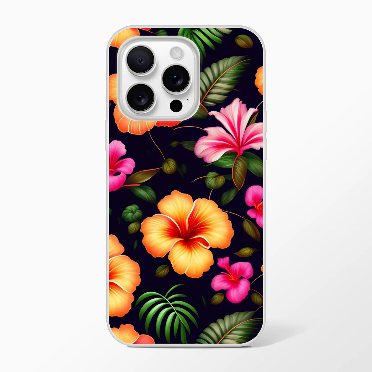 Tropical hibiscus botanical iPhone case (13-16) with vibrant floral print on dark background