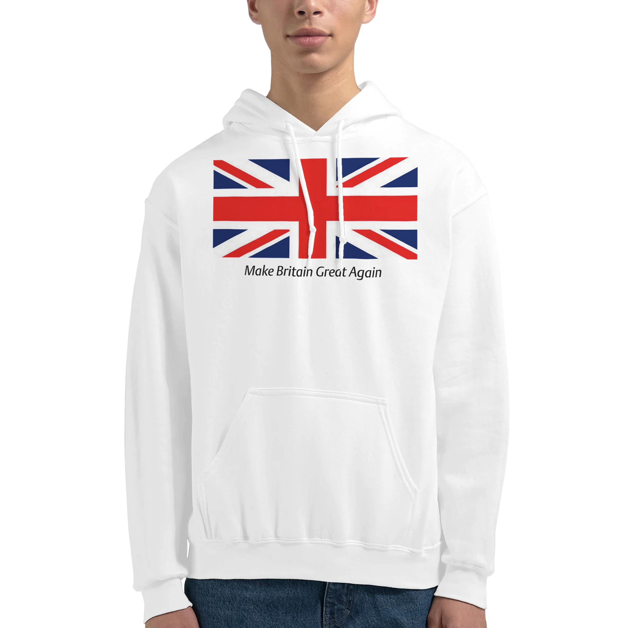 Men's Union Jack hoodie in white cotton blend with flag graphic and Make Britain Great Again slogan.