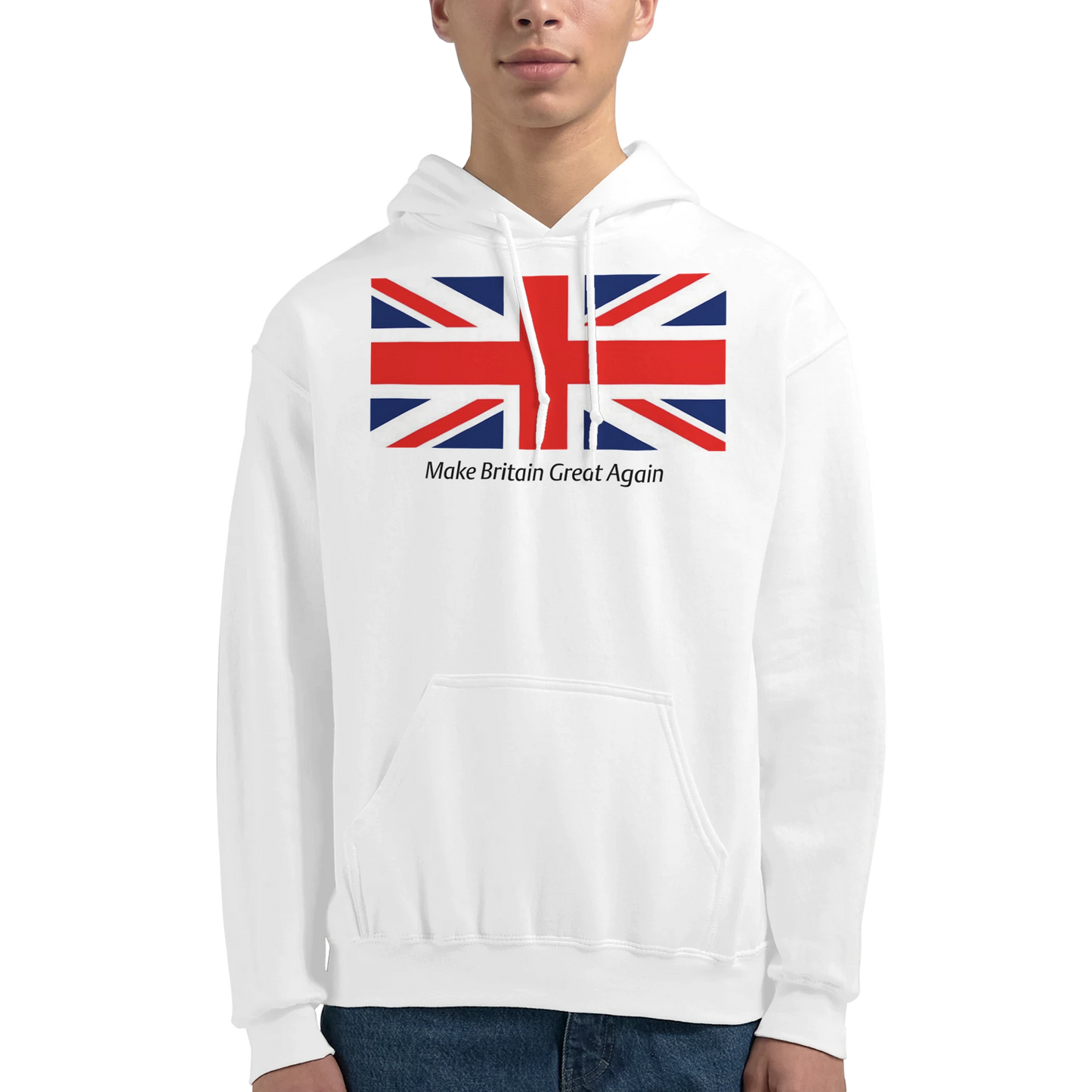White men's union jack hoodie on a white background. 9