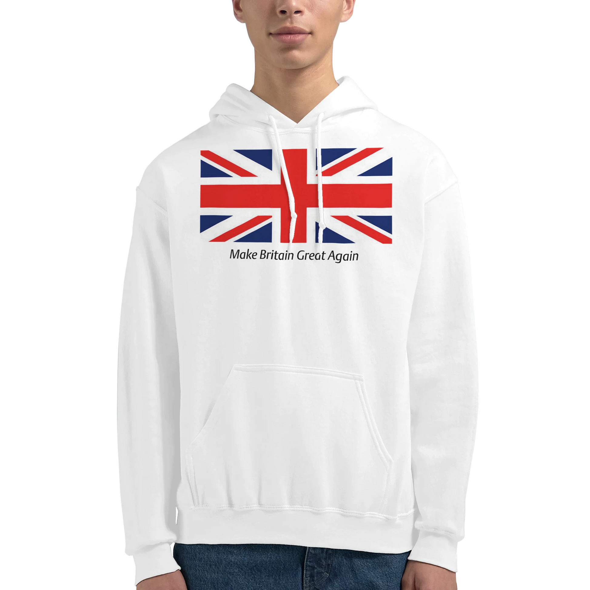 White men's union jack hoodie on a white background. 9