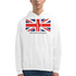 Men's Union Jack hoodie in white cotton blend with flag graphic and Make Britain Great Again slogan.