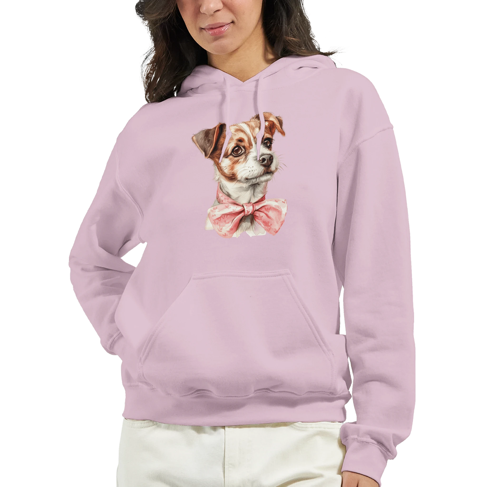 Pink women's graphic hoodie with a cute dog print and pink bow, soft cotton blend, front pouch pocket.
