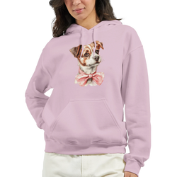 Pink women's graphic hoodie with a cute dog print and pink bow, soft cotton blend, front pouch pocket.