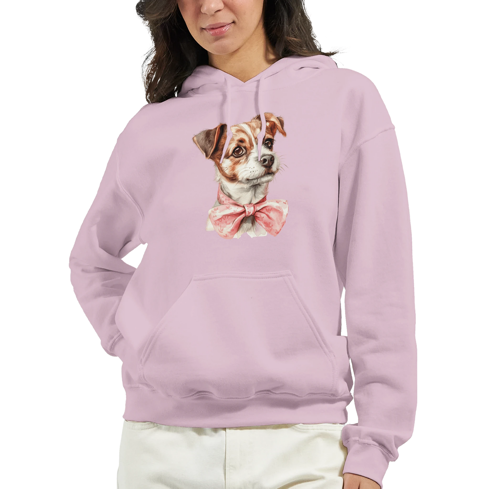Pink women's graphic hoodie with a cute dog print and pink bow, soft cotton blend, front pouch pocket.