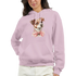 Pink women's graphic hoodie with a cute dog print and pink bow, soft cotton blend, front pouch pocket.
