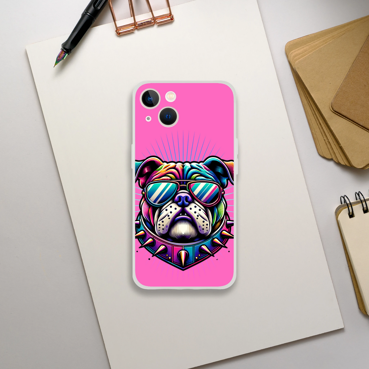 Pink Y2K Bulldog iPhone case for iPhone 13-16 with retro dog art, sunglasses, slim matte TPU.