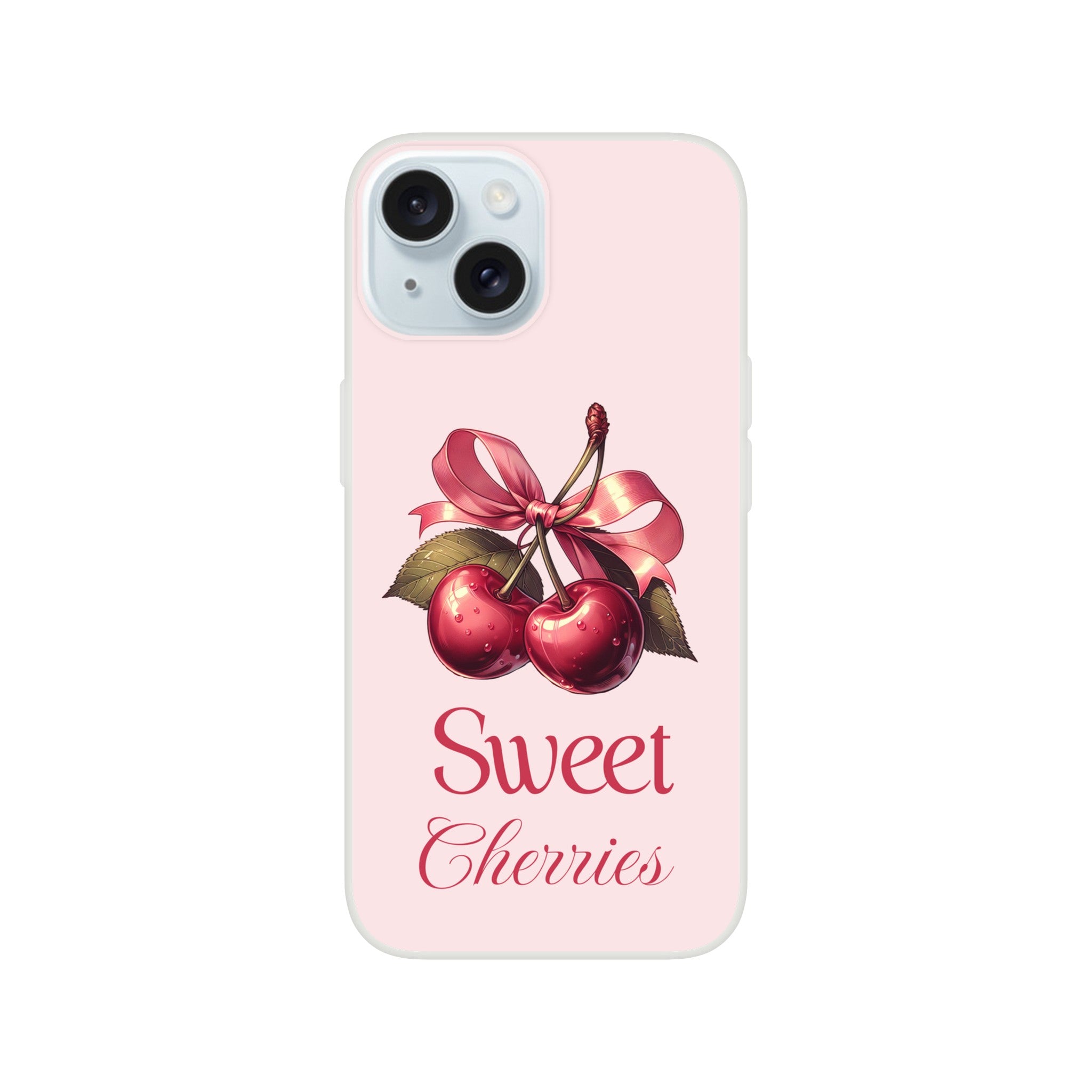 Cherries iPhone case on pink background featuring a cherry bouquet and Sweet Cherries script for iPhone 16/15/14/13