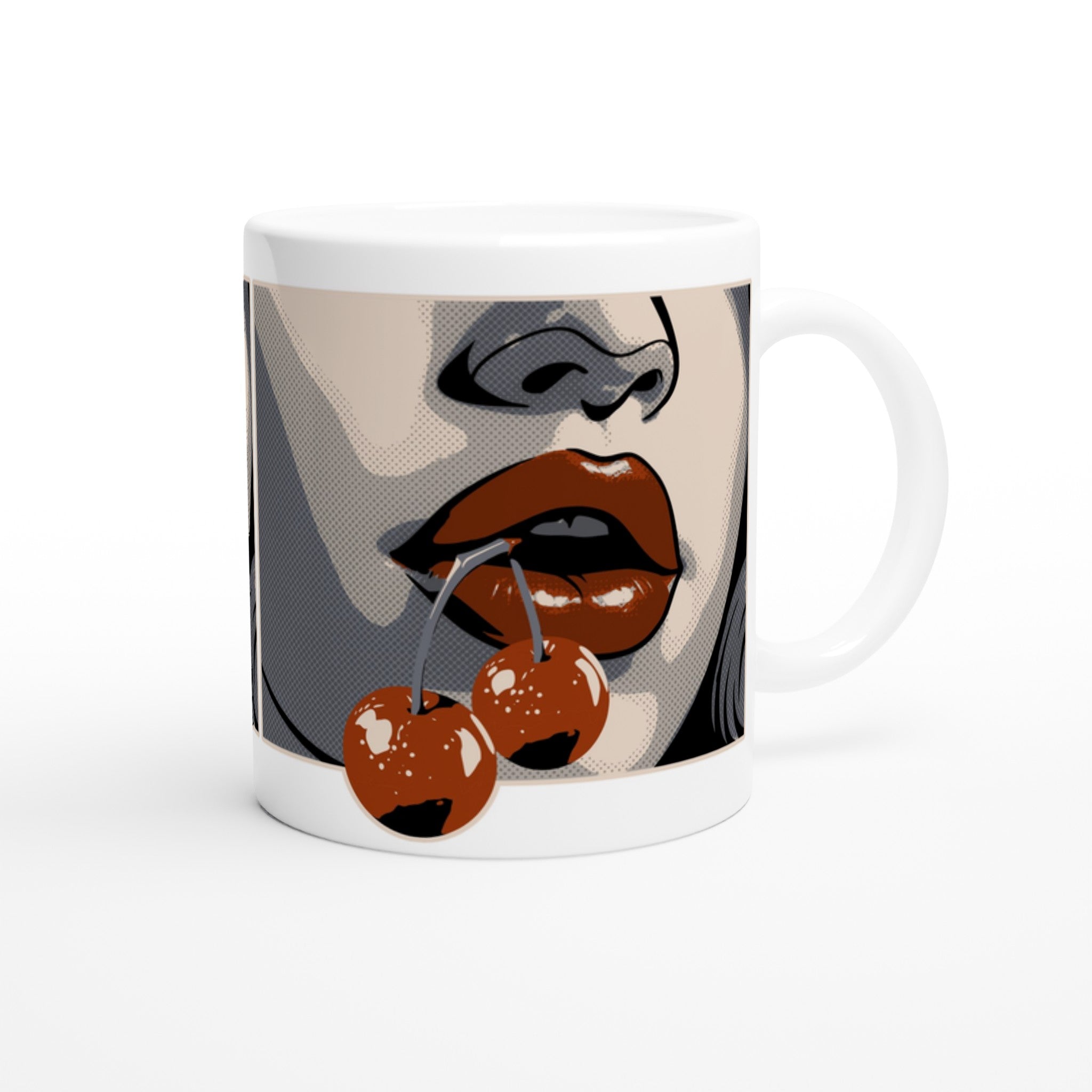 Retro pop-art lips with cherries on a glossy white ceramic mug.