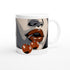 Retro pop-art lips with cherries on a glossy white ceramic mug.
