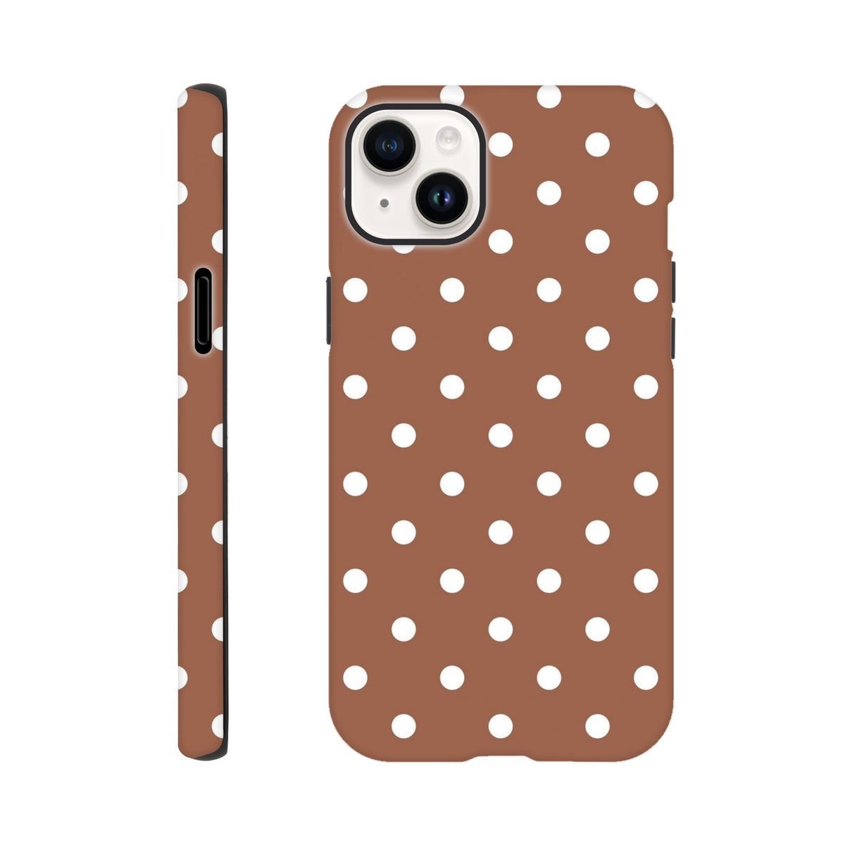 Retro brown and white polka dot tough iPhone case with shock-absorbing TPU protection for iPhone 13-16 Pro Max.