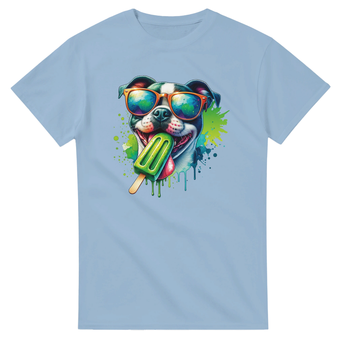 Chill Dog T-Shirt women's graphic tee on light blue, dog in sunglasses with green popsicle and splash art.