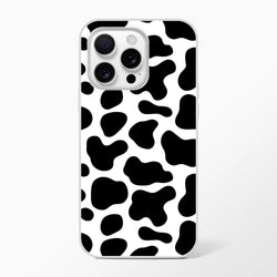 Black and white cow-print iPhone case for iPhone 13–16 with bold Y2K animal design.