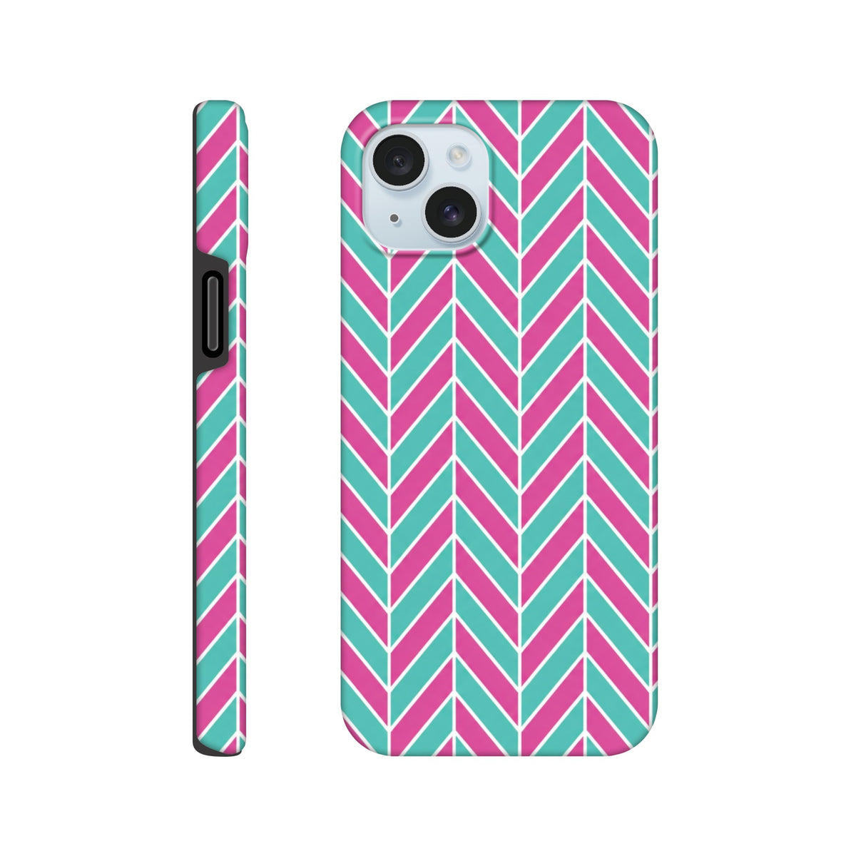 Pink and turquoise herringbone iPhone case with bold geometric chevron pattern, featuring a tough dual-layer design for shock absorption.