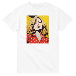 Retro pop art woman portrait on white T-shirt, vintage streetwear top for men.