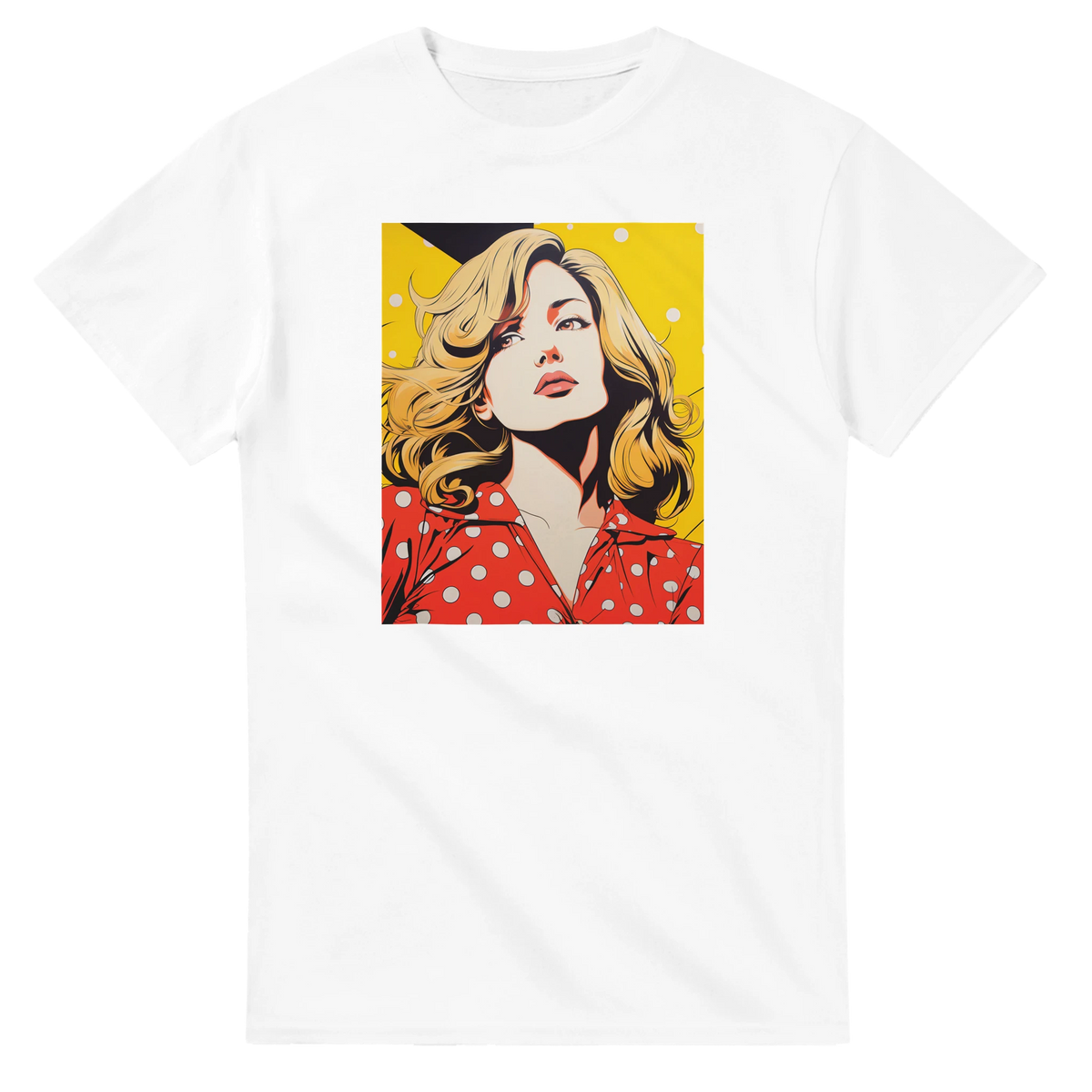 Retro pop art woman portrait on white T-shirt, vintage streetwear top for men.