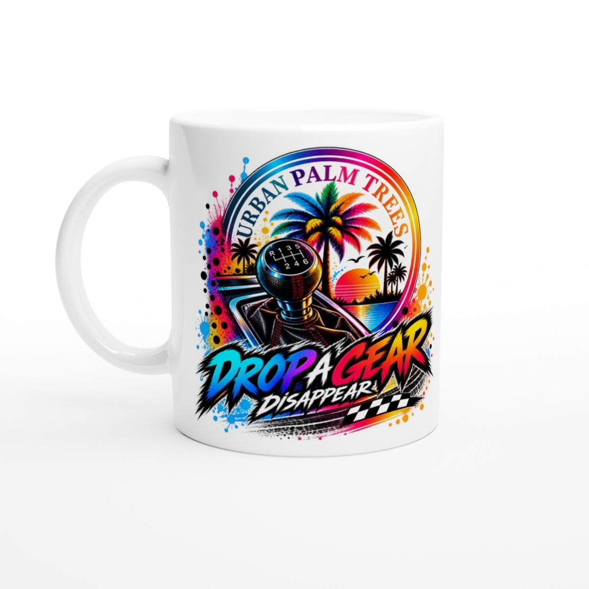 White ceramic mug featuring colorful "Drop A Gear" graphic with manual shift knob and palm trees for car enthusiasts.
