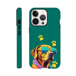 Tough teal iPhone case featuring a cool dog wearing sunglasses and yellow paw prints. Shock-absorbing protection with a wraparound street-style design.