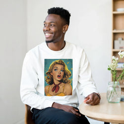 Smiling man wearing Retro Pop Art Woman Sweatshirt for Men with vintage comic-style graphic.