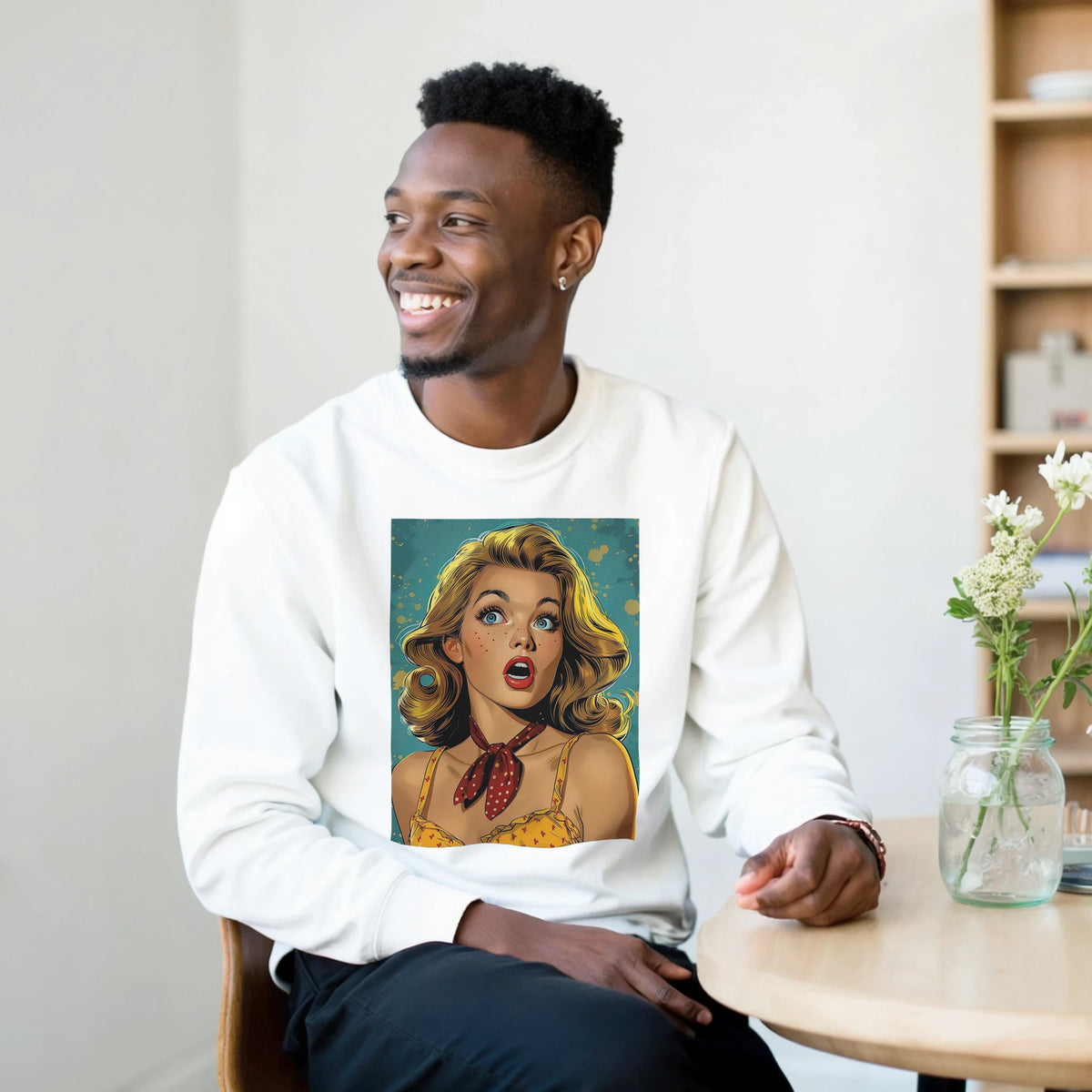 Smiling man wearing Retro Pop Art Woman Sweatshirt for Men with vintage comic-style graphic.