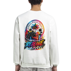 White sweatshirt back featuring colorful redline tachometer graphic with palm trees and checkered flag for modified car culture.