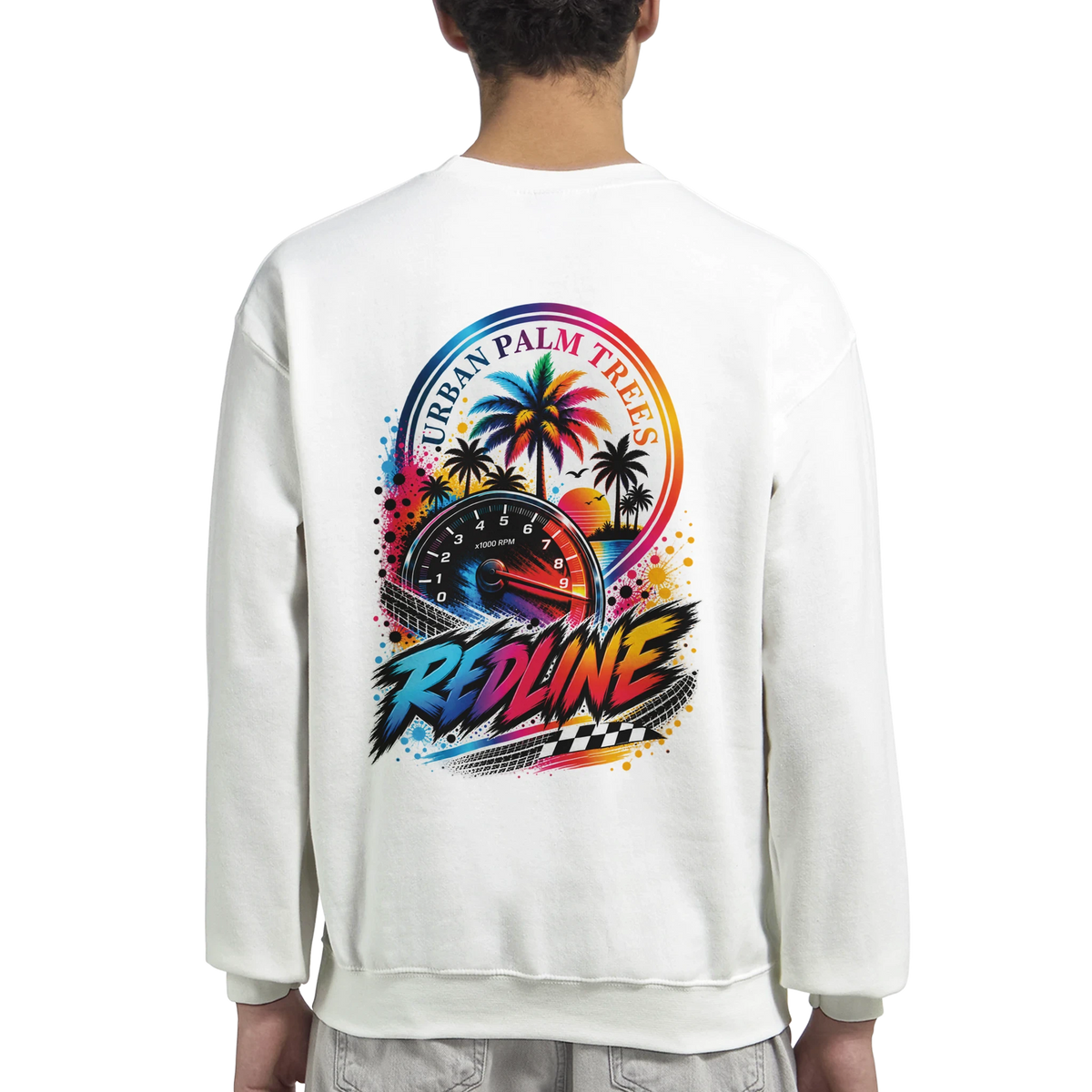 White sweatshirt back featuring colorful redline tachometer graphic with palm trees and checkered flag for modified car culture.
