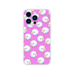 Cute Sheep Pink Kawaii Farm iPhone Case (13-16) with repeated white sheep motif.