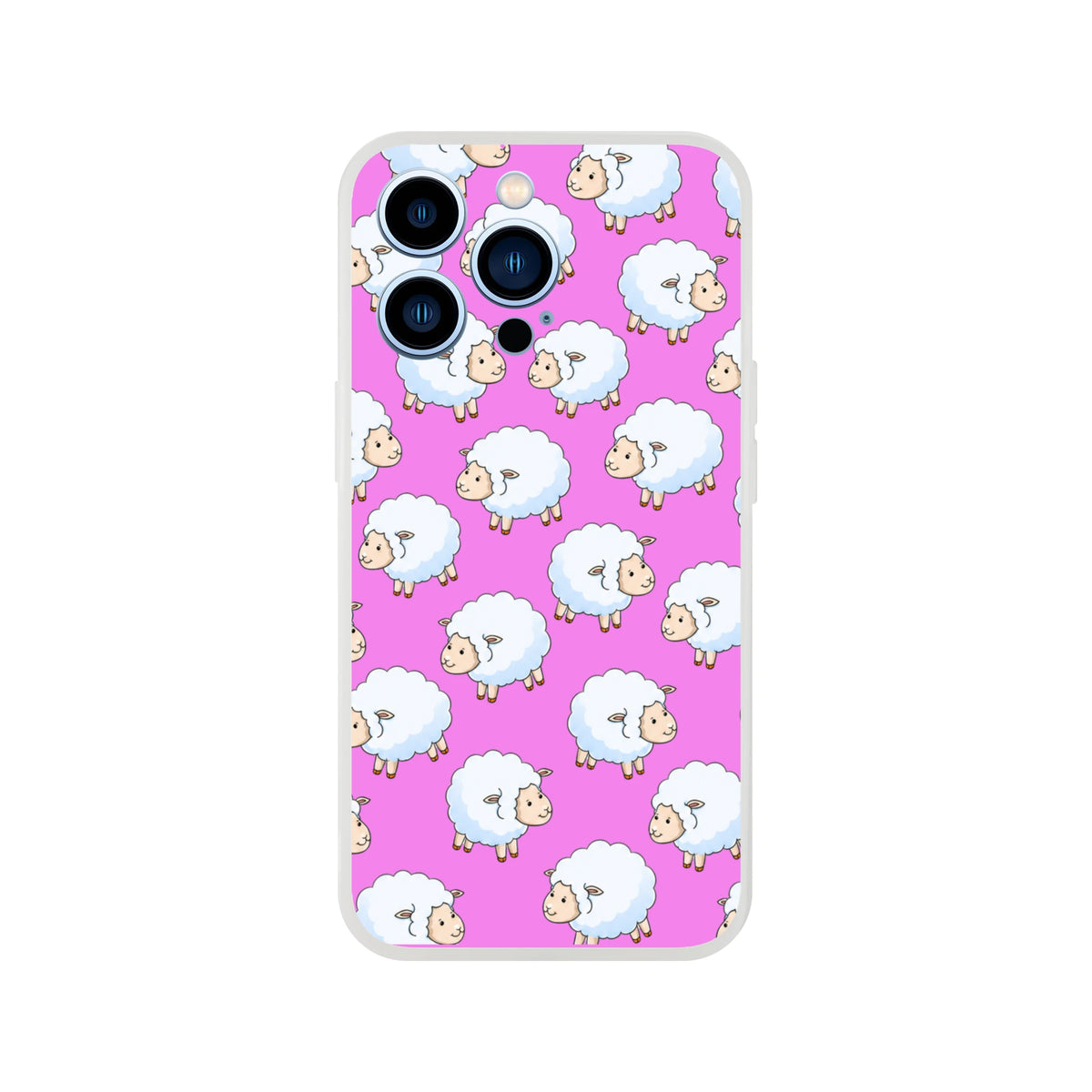 Cute Sheep Pink Kawaii Farm iPhone Case (13-16) with repeated white sheep motif.
