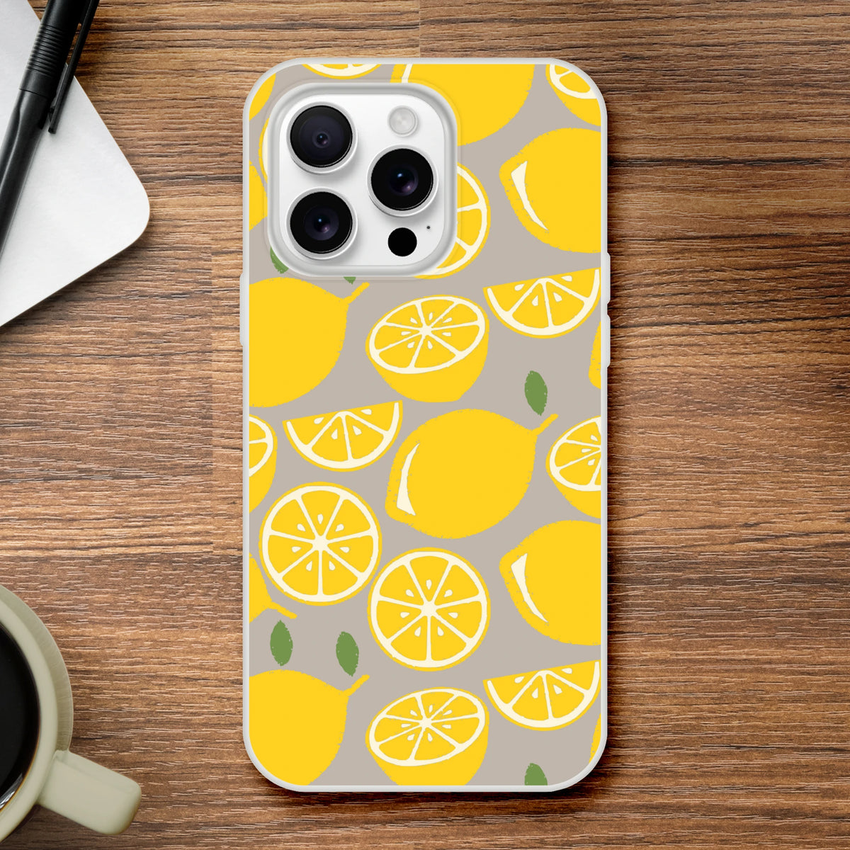 Cute Lemon Fruit iPhone Case for iPhone 13-16 with bright yellow citrus slice pattern on gray background