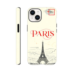 Retro travel iPhone case featuring red Paris script, Eiffel Tower sketch, and vintage postal stamp design for drop protection.