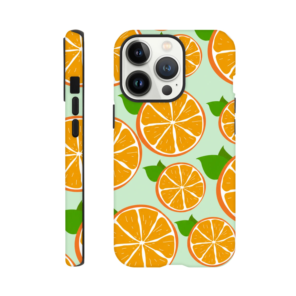 Tough iPhone case with a cute orange fruit pattern on mint green. Citrus phone cover with reinforced bumpers for drop protection on iPhone 13-16.