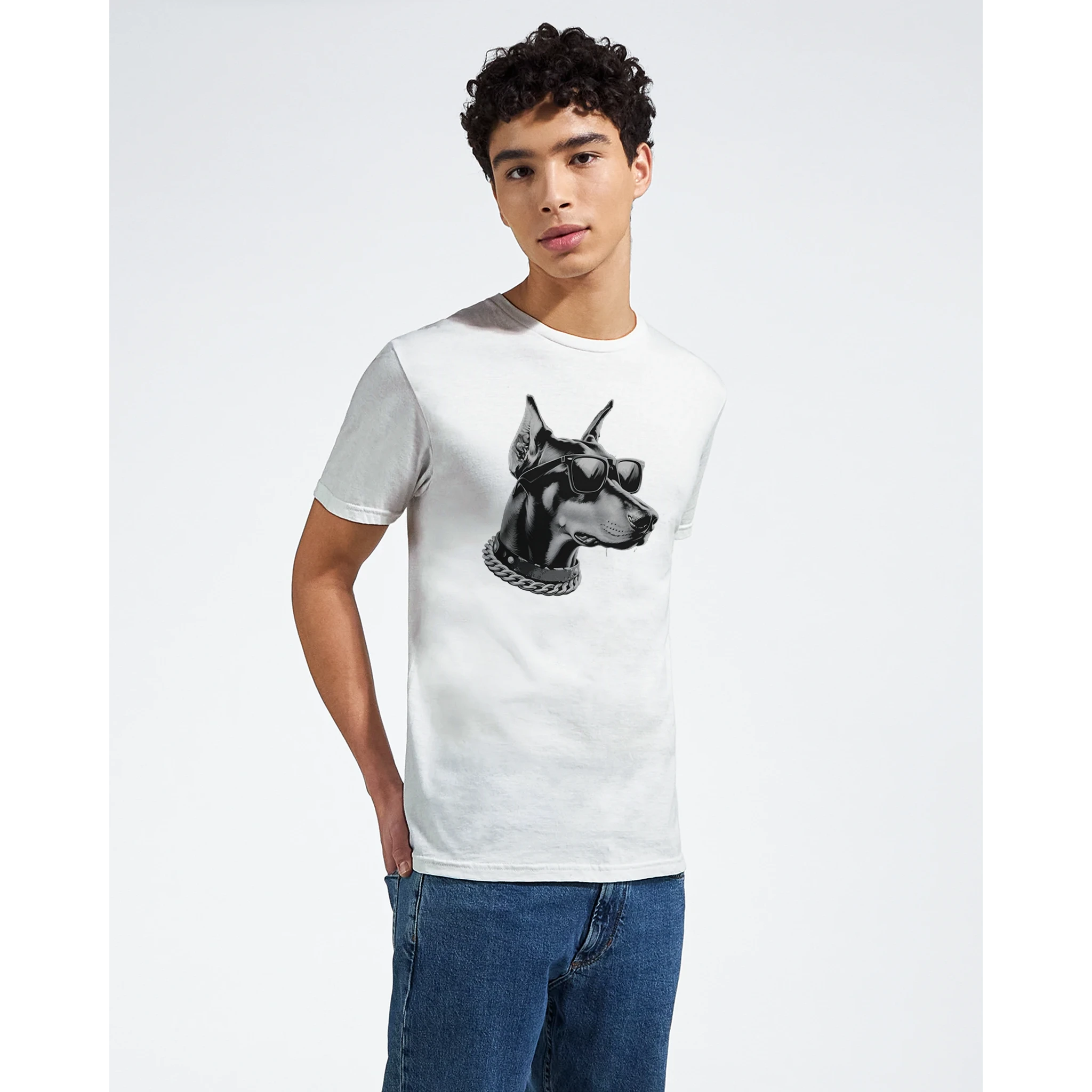 Gangster Dog graphic tee on a man; white cotton blend shirt with a dog wearing sunglasses and a chain.
