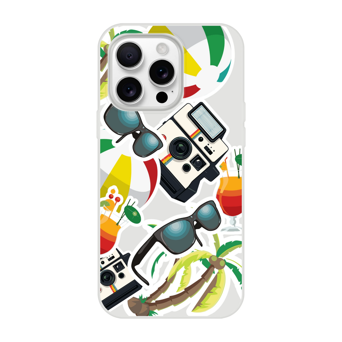 Transparent iPhone case featuring summer holiday sticker art with palm trees, vintage cameras, sunglasses, and tropical cocktails.