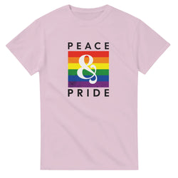 Pink Pride LGBTQ graphic T-shirt with rainbow flag block and Peace & Pride text.