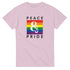 Pink Pride LGBTQ graphic T-shirt with rainbow flag block and Peace & Pride text.