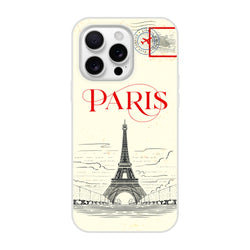 Vintage Paris postcard iPhone case for iPhone 13-16 with Eiffel Tower illustration and red PARIS text.