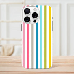 Retro rainbow vertical stripe tough iPhone case featuring vibrant pink, blue, yellow, and green accents on a white background.