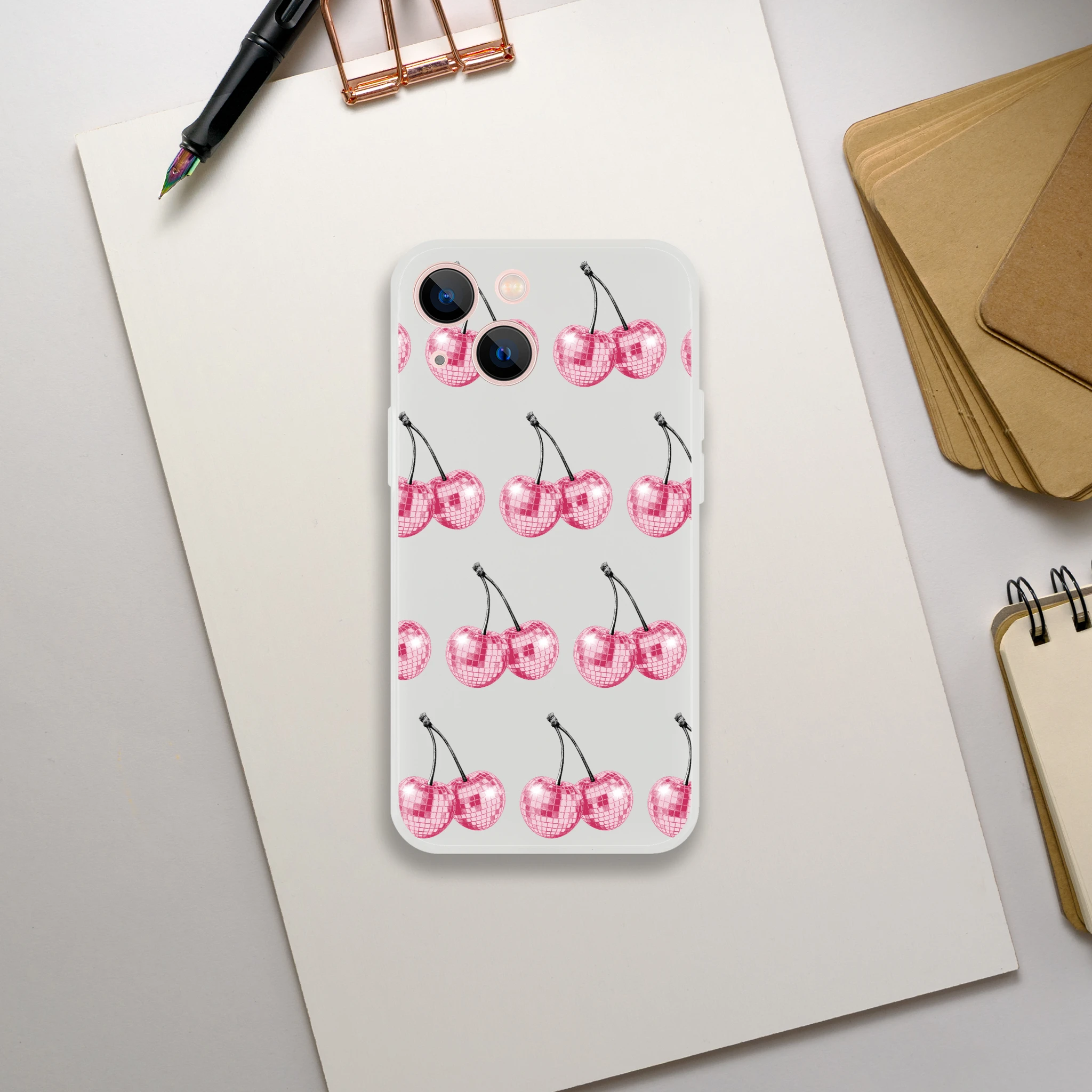 Glitter Ball Cherries phone case for iPhone 13–16, transparent flexi shell with pink cherry pattern