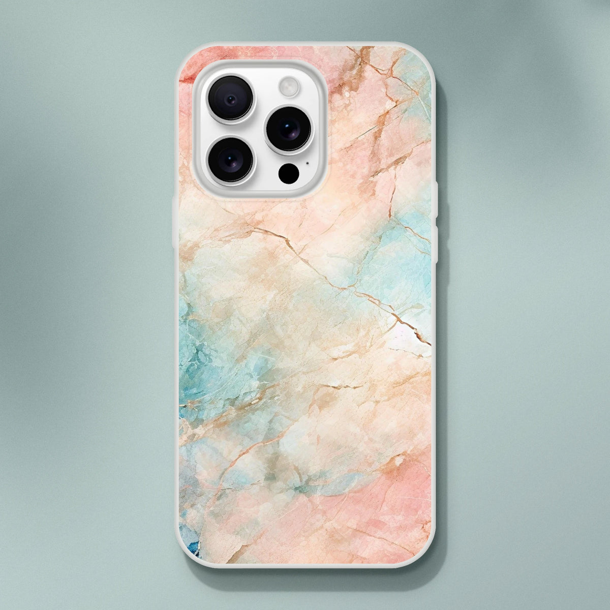 Pastel marble iPhone case in peach and aqua, abstract design for iPhone 13-16, durable protective cover.