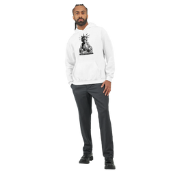 Male model wearing Liberty DJ Men's Graphic Hoodie in white with Statue of Liberty graphic.